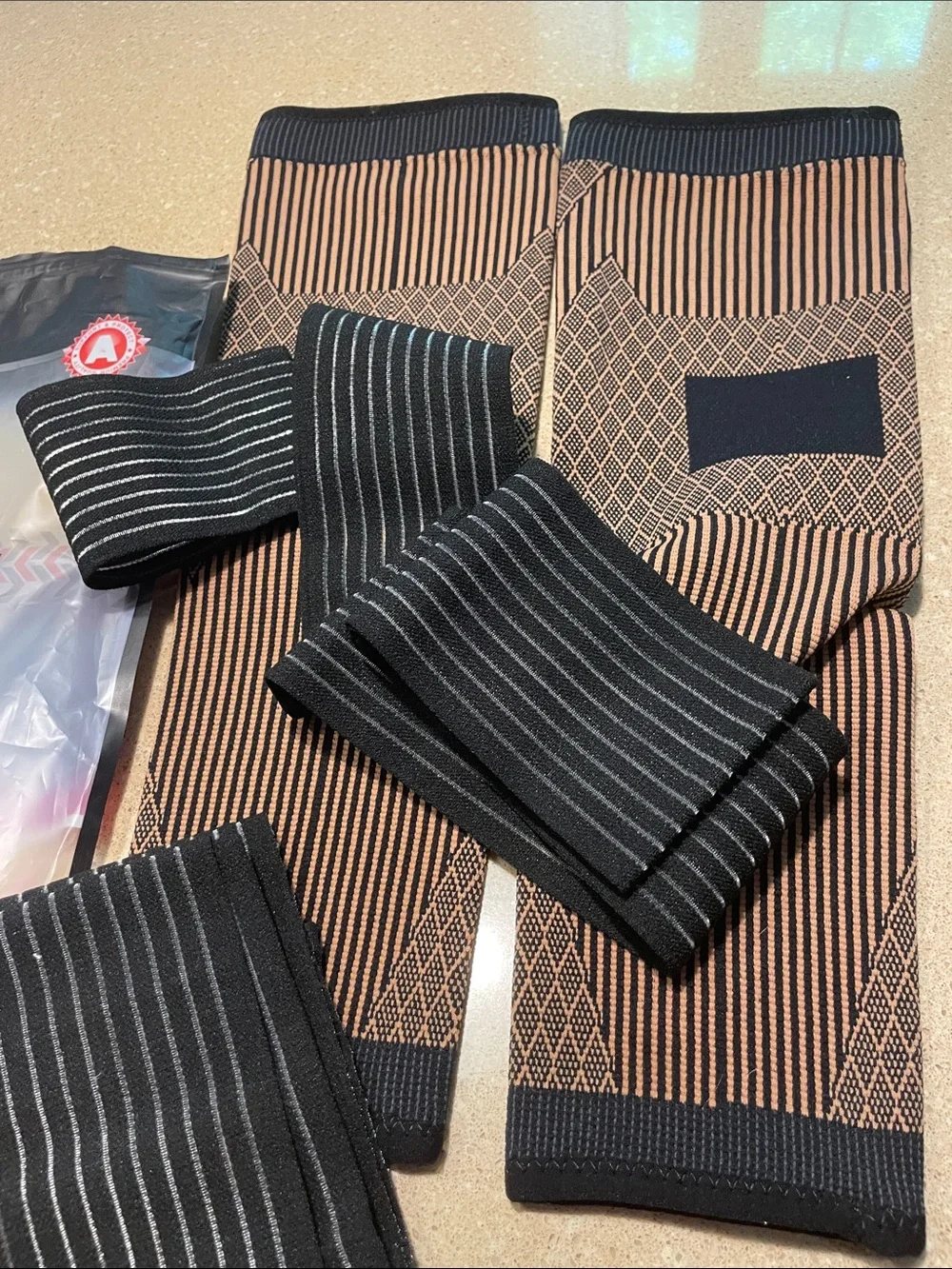 Compression Thigh and Knee Copper Sleeves - Black & Tan Support